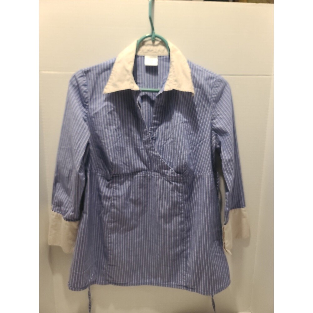 Motherhood Maternity 3/4 Sleeve Professional Blue White Stripe Blouse Size Small